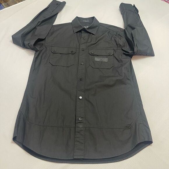 Armani Exchange Slim Fit Waxed Cotton Black Snap Button Long Sleeve Shirt Small - Picture 6 of 10